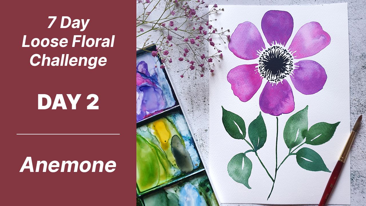 7 day floral challenge watercolor day 2 anemone