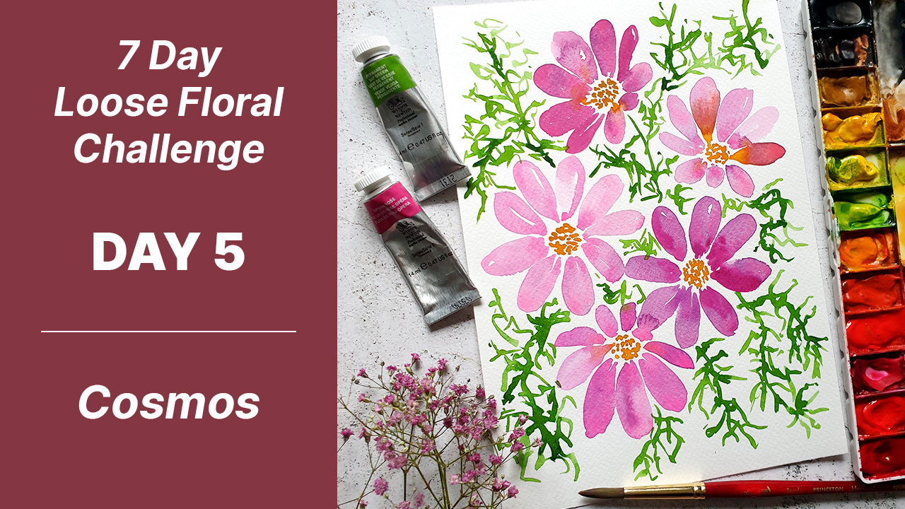 7 day floral challenge watercolor day 5 cosmos