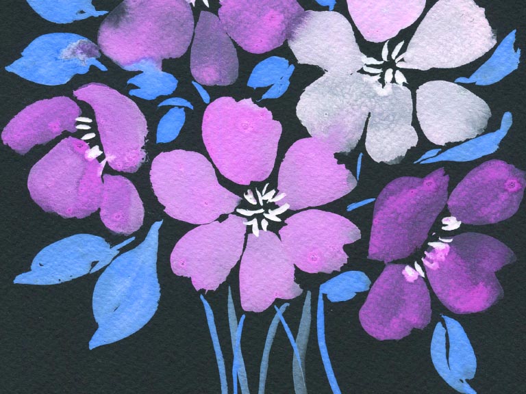 black watercolour paper with gouache florals