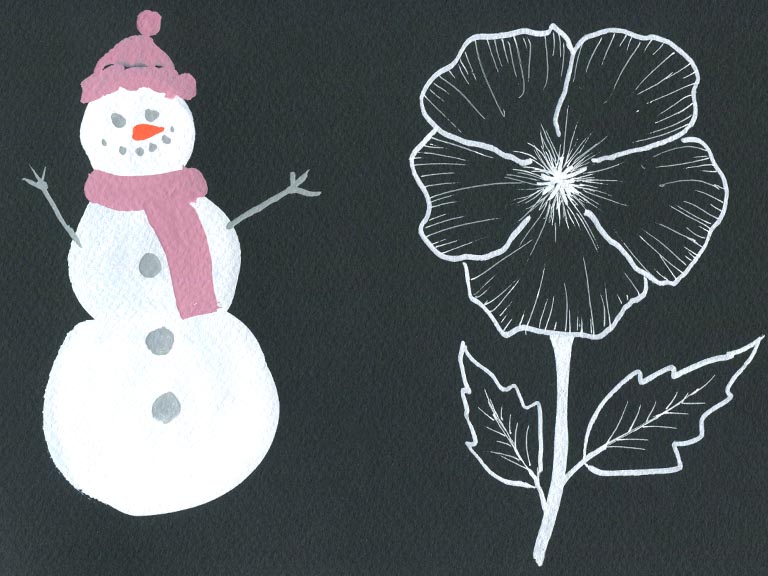 snowy painting ideas and white gel pen on black watercolour paper