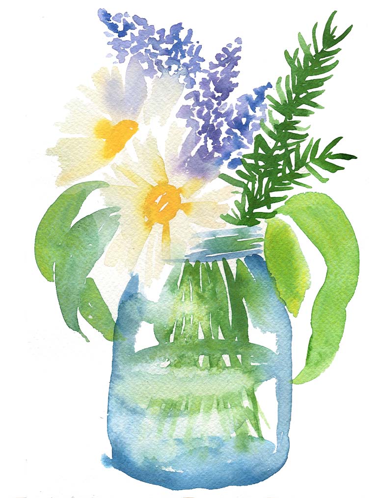 watercolor floral bouquet bunch of flowers in jar