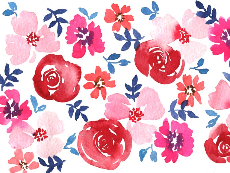 flower scatter patterns in watercolour - red roses, pink flowers, blue leaves