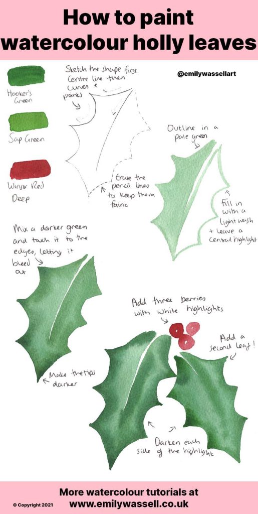 how to paint holly leaves in watercolor