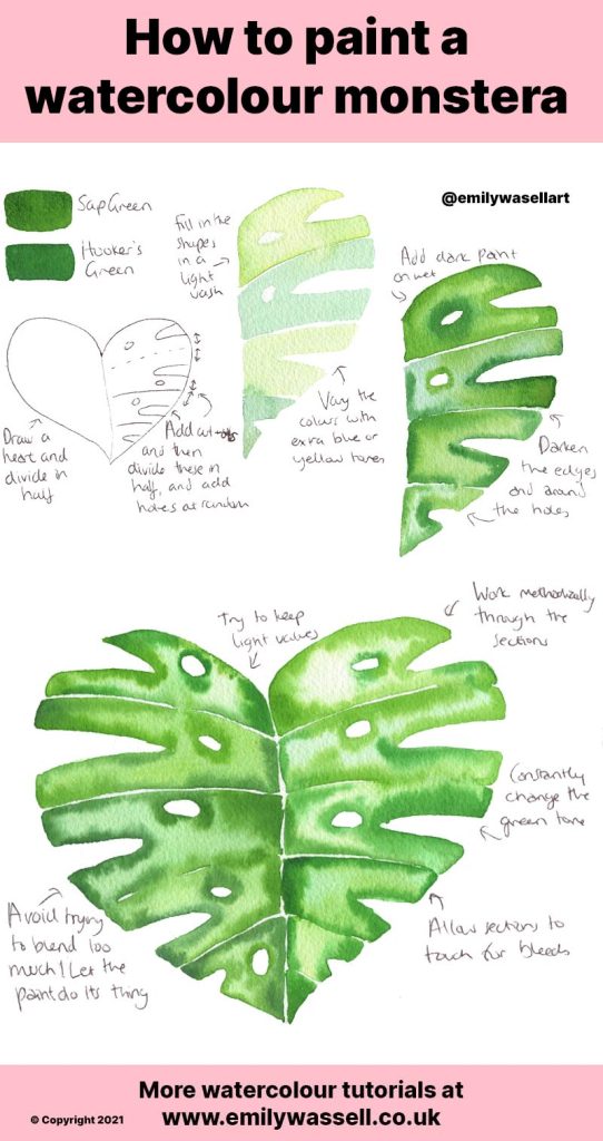 tutorial how to paint a monstera leaf in watercolor