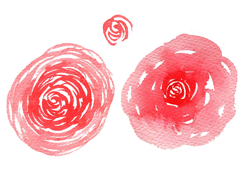 spiral and rose flower shapes painted in watercolour