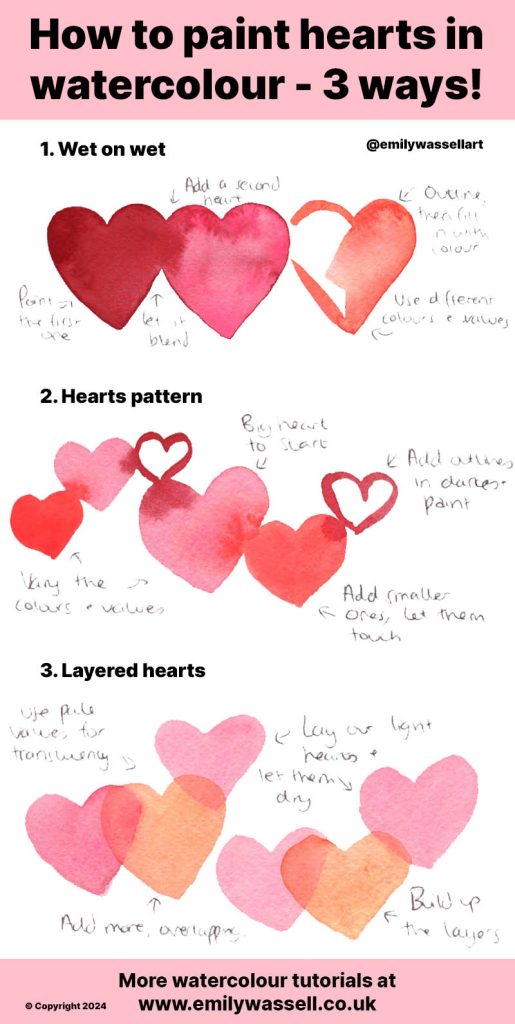 tutorail how to paint hearts in watercolour 3 ways ideas