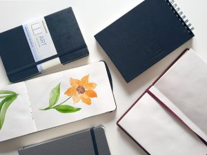 spread of watercolour sketchbooks on the desk